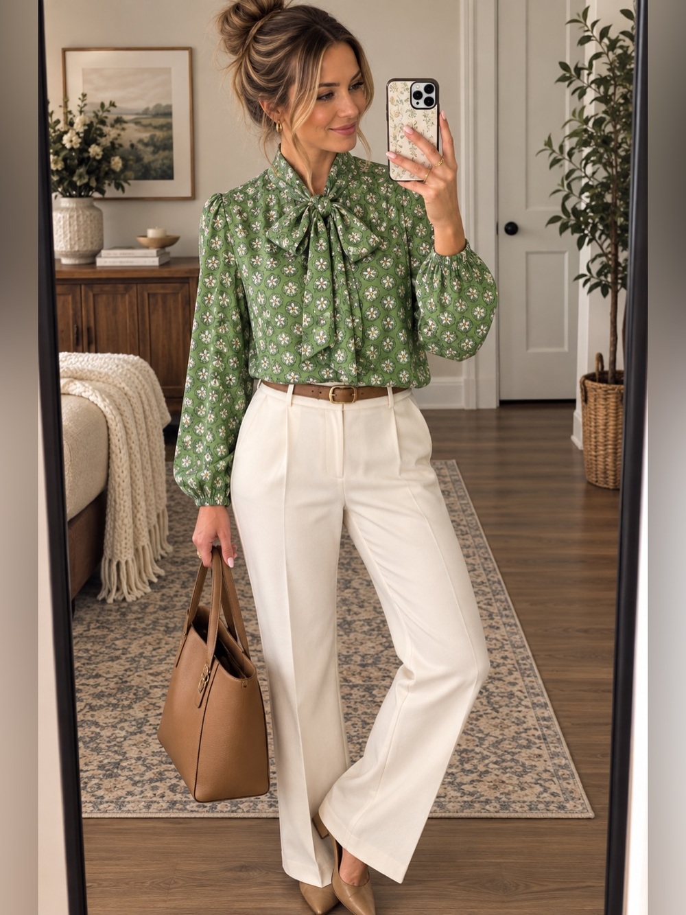 Ann Taylor Factory Green Ditsy Floral Tie Neck Bow Blouse Large